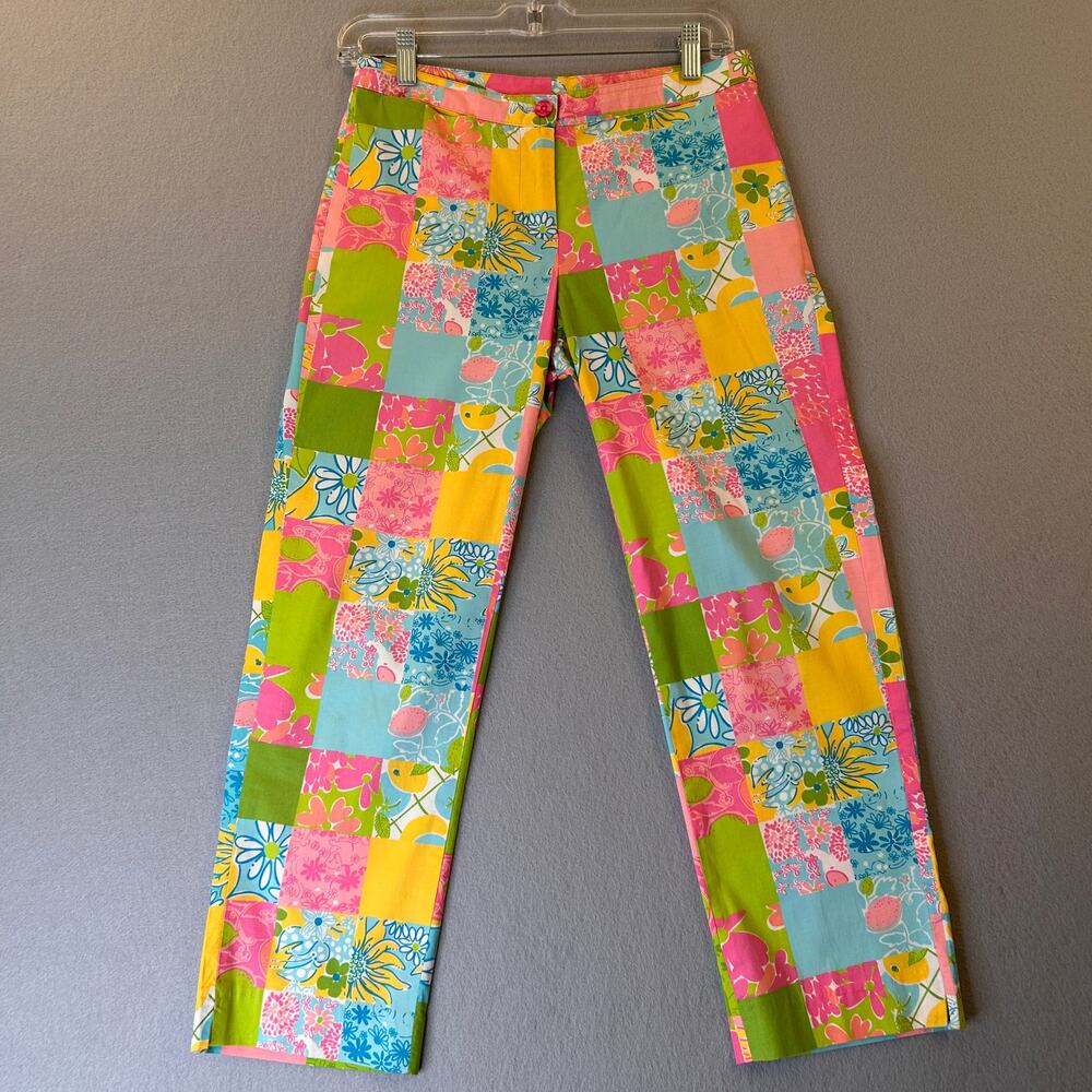 Lilly Pulitzer Patchwork Pants Women 2 Pink Green Blue Floral Cotton Stretch Y2K